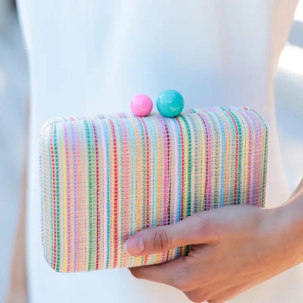 Shiraleah August Minaudiere Crossbody Box Clutch, Teal Pink Spring Stripe Twee - Picture 3 of 7